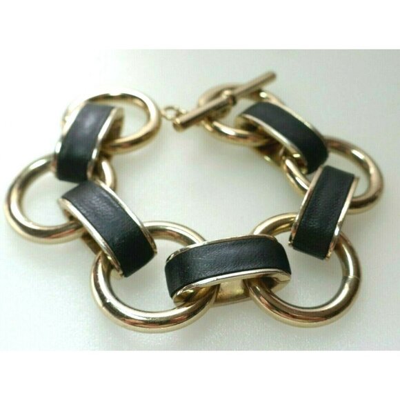 Chunky Vintage Black Leather & Golden Link Banana Republic Bracelet Toggle Clasp - Picture 5 of 6